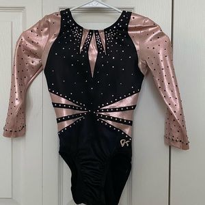 GK Elite Champagne and black AXS Gymnastics competition leotard